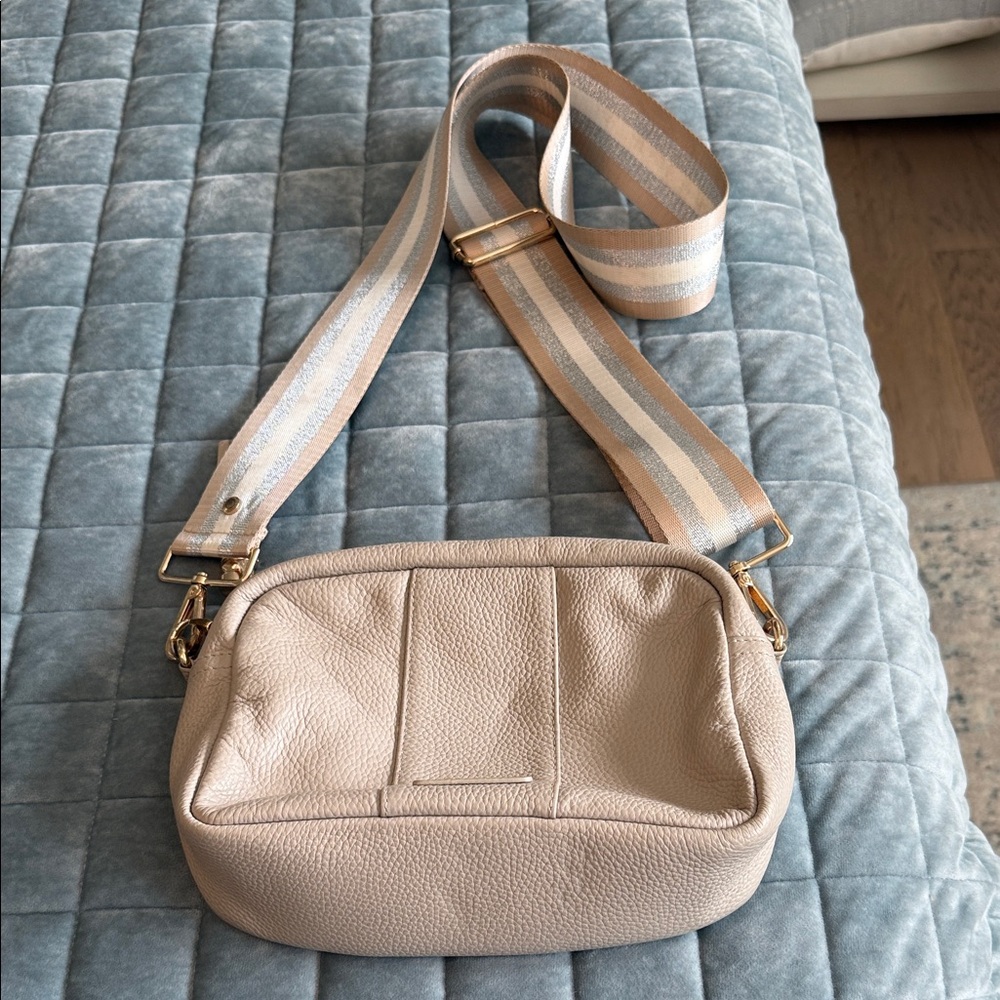 Neutral Pebbled Leather Crossbody with Striped Adjustable Strap